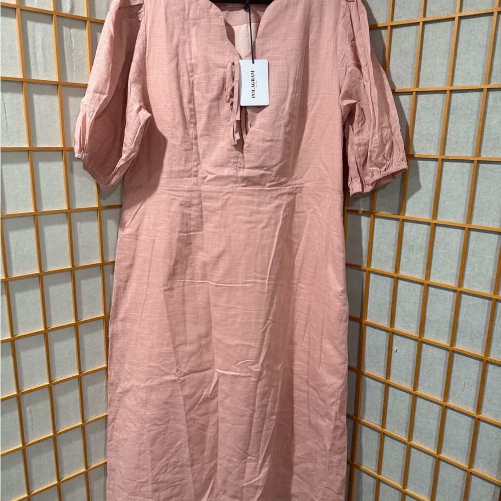Polagram Blush Pink Midi Dress with Tie Neck